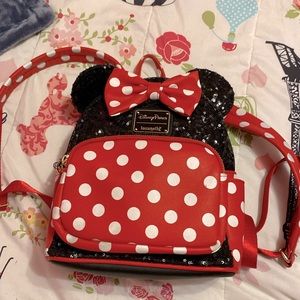 Minnie, mouse, Minnie, backpack, red, and black with white polkadots
